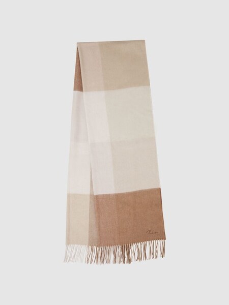羊毛Blend方格图案骆驼色刺绣围巾 (650601) | HK$751