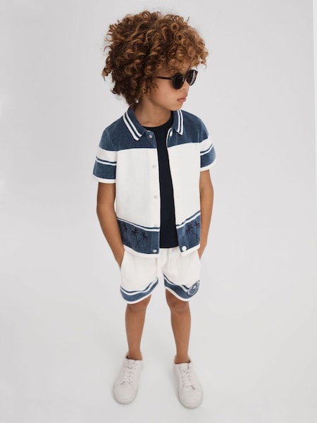 Junior Velour Embroidered Striped Shirt in Optic White/Airforce Blue (661935) | HK$700