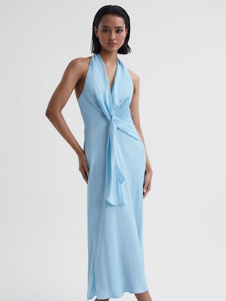 Blauwe midi-jurk met halterhals en strikdetail (672979) | € 139