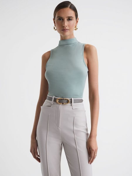 Fitted Ruched High-Neck Top in Sage (679328) | HK$273