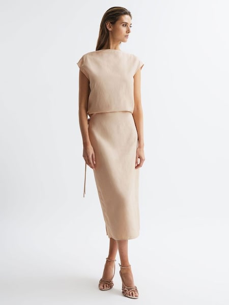 Premium Linen Blend Open-Back Midi Dress in Nude (682909) | $258