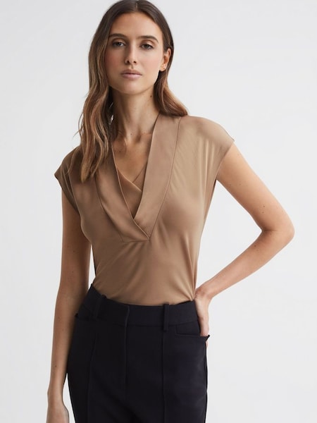 Layered V-Neck T-Shirt in Camel (683597) | $60