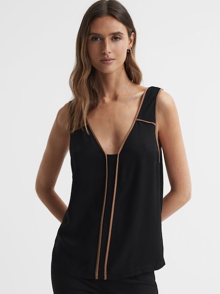 Sleeveless V-Neck Vest in Black/Camel (699906) | $75