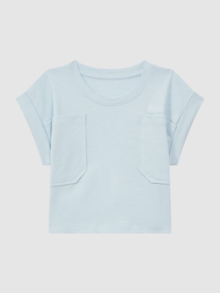 Blauw cropped katoenen teen T-shirt met ronde hals (707242) | € 25