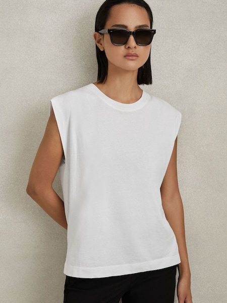 Cotton Capped Sleeve T-Shirt in White (707369) | $55