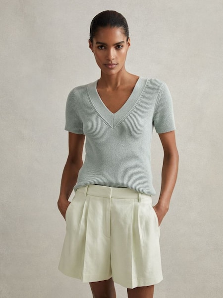Front Pleat Linen Blend Suit Shorts in Mint (707467) | $260