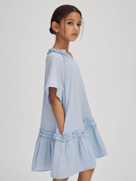 Senior Seersucker Cotton Ruffle Dress in Blue (707994) | $115
