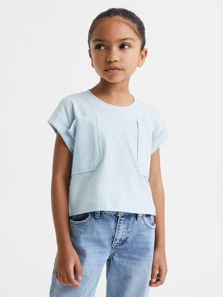 T-shirt Raccourci à col ras du cou en coton pour junior, bleu (708130) | 20 €