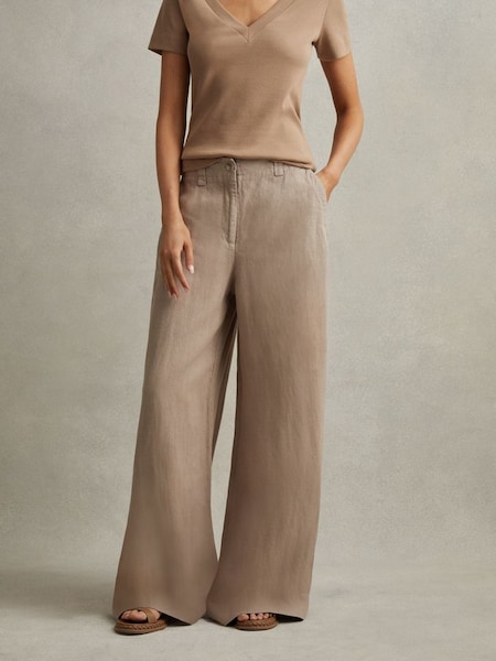 Petite Linen Wide Leg Garment Dyed Trousers in Mink Neutral (708169) | $310