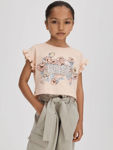 Junior Kurz geschnittenes T-Shirt mit Rüschenärmeln und Motivdruck, Rosa (708171) | 25 €