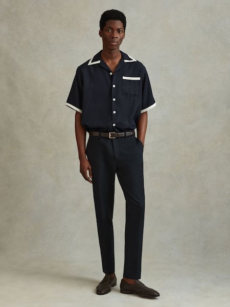 Contrast Trim Cuban Collar Shirt in Navy/Ecru (709476) | $180