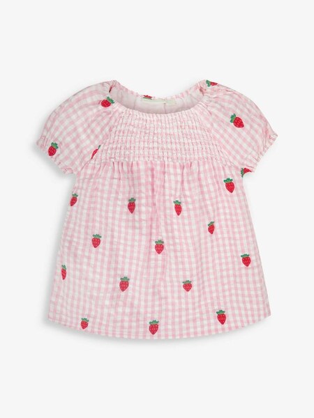 Strawberry Embroidered Smocked Top in Pink (715180) | $13
