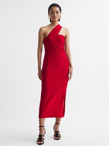 Velvet One-Shoulder Midi Dress in Red (718663) | $115