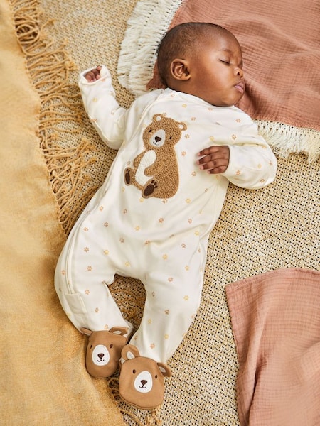 Cream Bear Appliqué Zip Cotton Baby Sleepsuit (725894) | €27.50