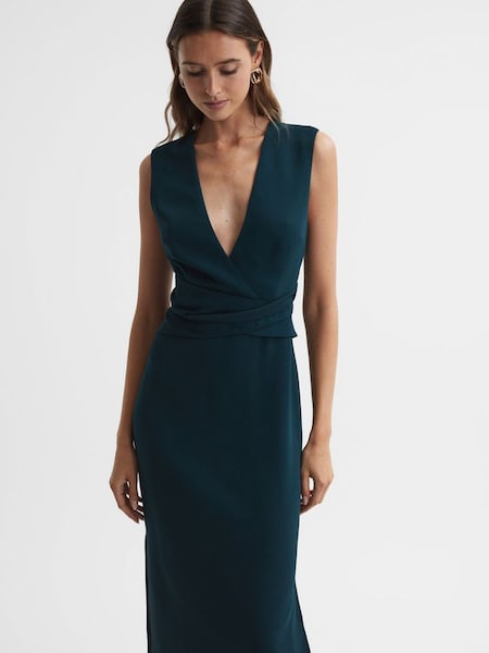 Aansluitende midi-jurk met overslag in blauwgroen (754639) | € 112