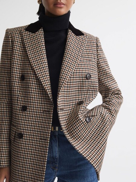 Wool Dogtooth Double Breasted Blazer in Multi (758335) | $670