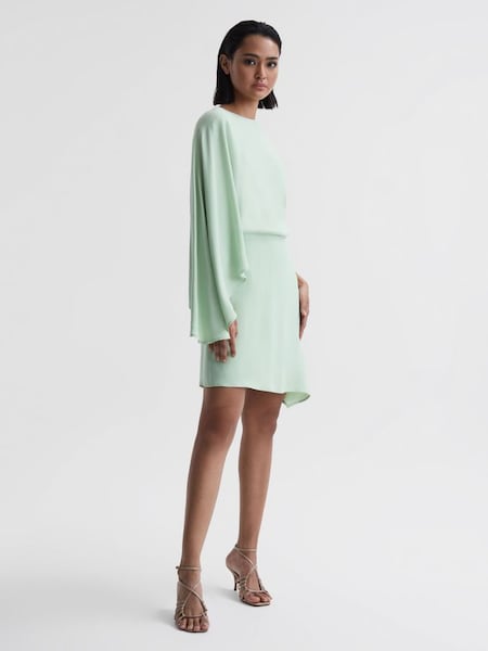 Cape Sleeve Asymmetric Mini Dress in Sage (770069) | $272