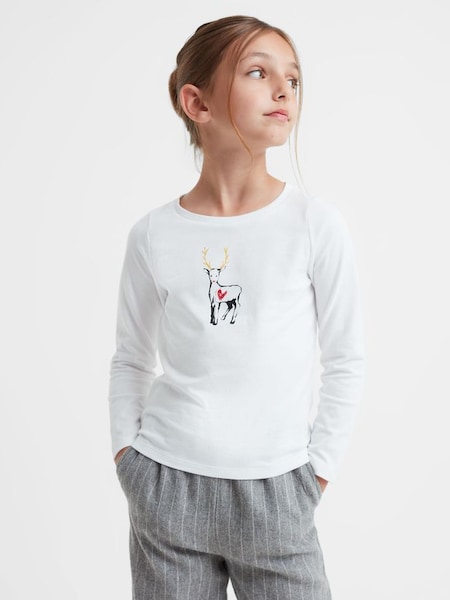 Junior Cotton Reindeer Long Sleeve T-Shirt in White (782234) | $20