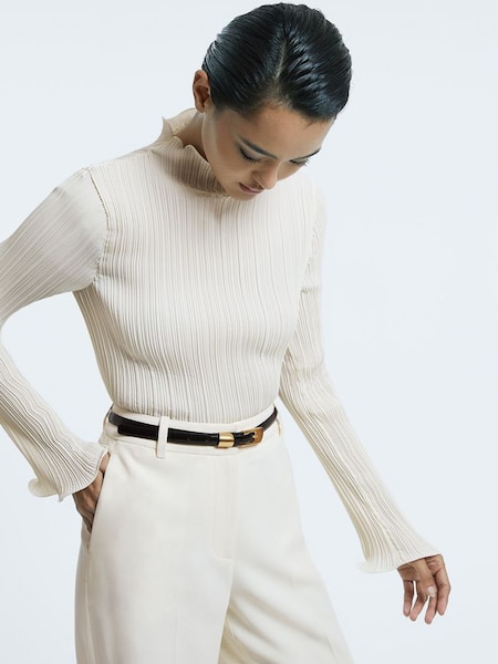 Atelier Fitted Ribbed Ruffle Neck Top in Cream (814471) | $325