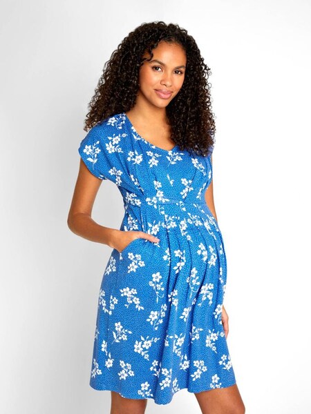 Floral Print Pleated Maternity and Nursing Tunic Dress in Blue (815834) | $18