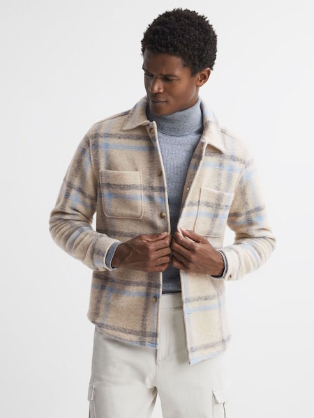 羊毛Blend方格圖案燕麥色/柔軟藍色襯衫式外套 (825936) | HK$1,355