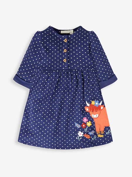 Girls' Appliqué Button Front Dress in Navy Blue Highland Cow (827032) | $35