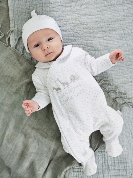 White Welcome Little One Cotton Baby Sleepsuit (8321X7) | €27.50