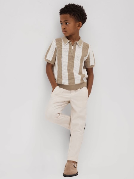 Knitted Striped Half Zip Polo Shirt in Soft Taupe/Optic White (846170) | $70
