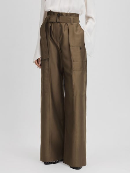Hose mit Paperbag-Taille und weitem Bein, Khaki (846598) | 285 €