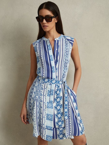 Tile Print Belted Mini Dress in Blue (846745) | $360