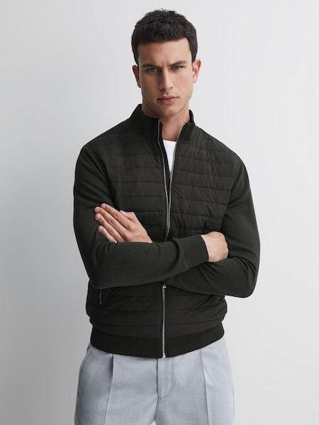 Hybrid Quilt and Knit Zip-Through Jacket in Forest Green (850640) | $145