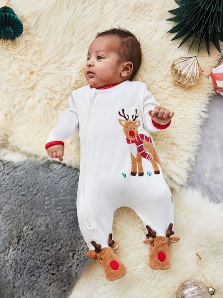 Cream Reindeer Appliqué Zip Baby Sleepsuit (866789) | €8.50