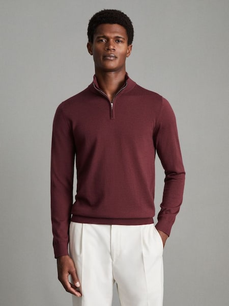 美麗諾羊毛半拉鍊高領磚紅套衫 (867066) | HK$881