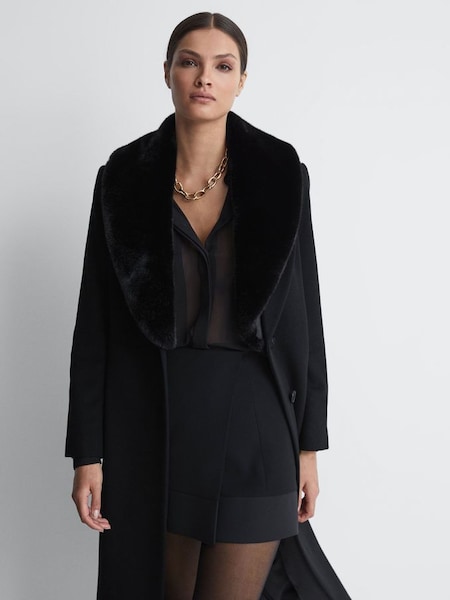 Wool Blend Removable Faux Fur Collar Coat in Black (871533) | €344