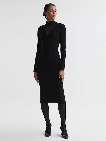 Geribbelde halflange bodycon-jurk met mesh inzetstuk in zwart (875610) | € 112