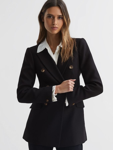 黑色嬌小款雙排扣斜紋布西裝外套 (875816) | HK$2,224