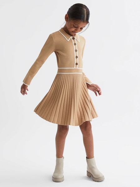 Junior Knitted Polo Skater Dress in Camel (877510) | $115