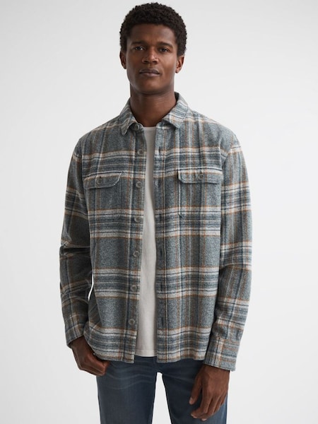 Paige Cotton Checked Twin Pocket Overshirt in Smoked Sage (878044) | $380