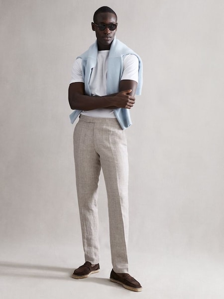 Slim Fit Linen Puppytooth Trousers in Oatmeal Melange (899516) | SAR 426