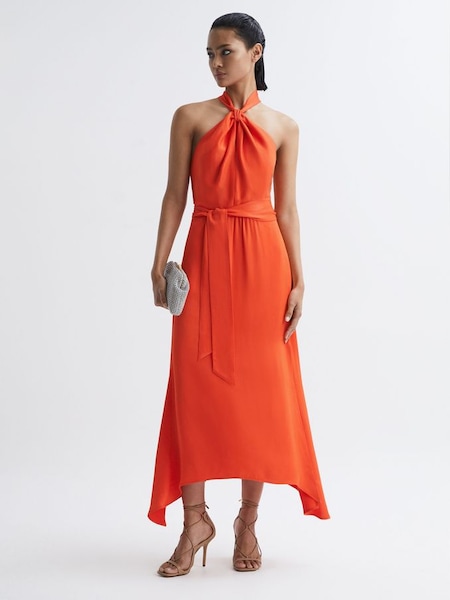 Tenger - Oranje aansluitende midi-jurk met halterhals (903952) | € 156