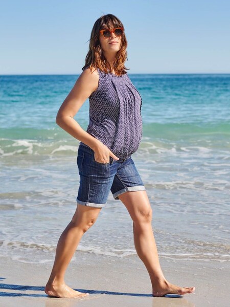 Batik Sleeveless Pleated Maternity & Nursing Top in Navy (906103) | $11
