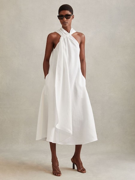 Linen Blend Drape Midi Dress in White (913742) | $290