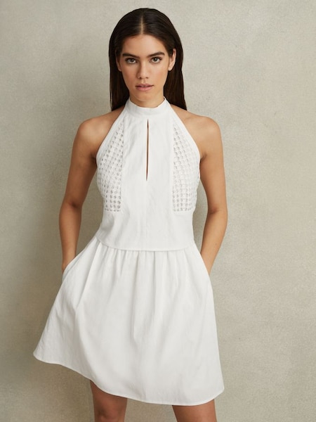 Mini Broderie Halter Neck Dress in White (913881) | $395