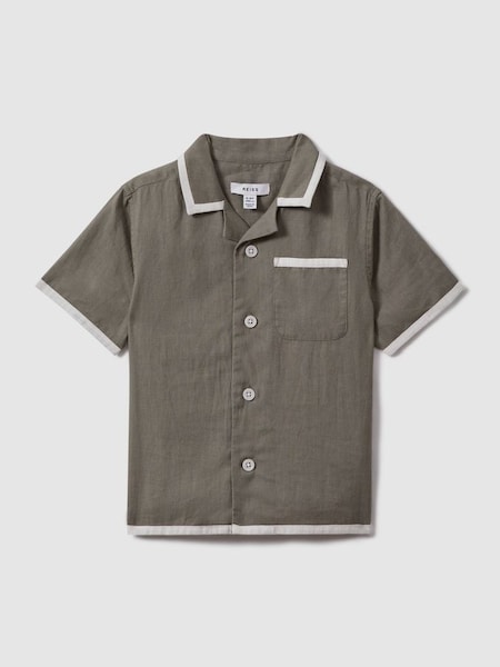 Leinenhemd mit kontrastierendem kubanischem Kragen, Khaki/Weiß (917617) | 65 €