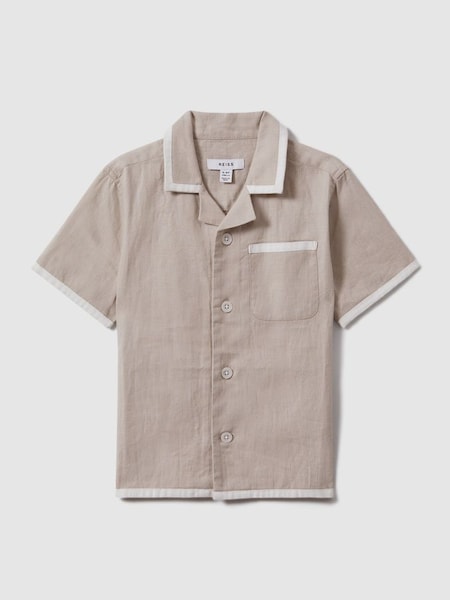 T-shirt van linnen met Cubaanse contrasterende kraag in steen/wit (917889) | € 65