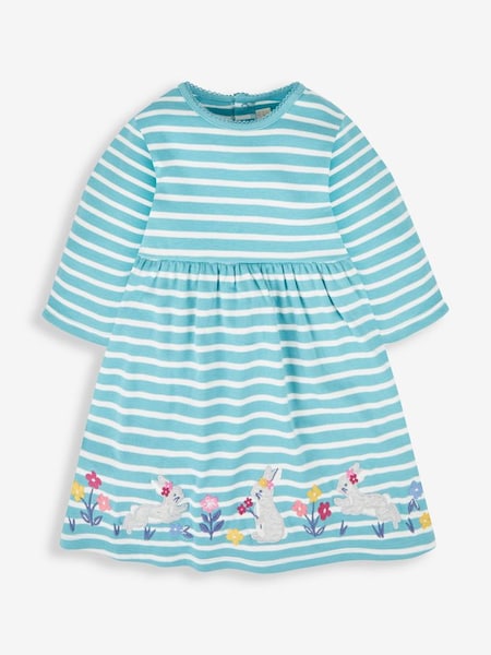 Girls' Stripe Appliqué Dress in Duck Egg Green Bunny (922187) | $36
