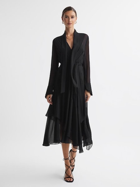 Belted Ruffle Midi Dress in Black (922473) | $223