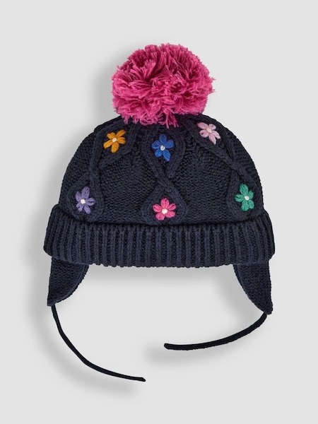 Floral Embroidered Cable Hat in Navy (945775) | $27