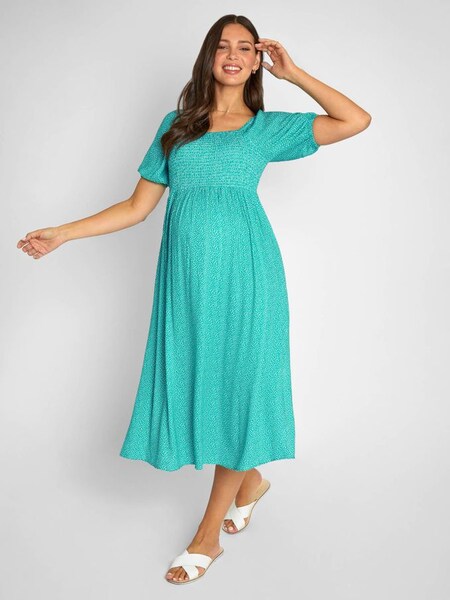 Spot Shirred Maternity Midi Dress in Green (954261) | $44