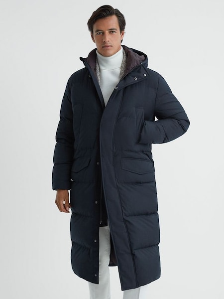 Lange doorgestikte jas met capuchon in marineblauw (959468) | € 425